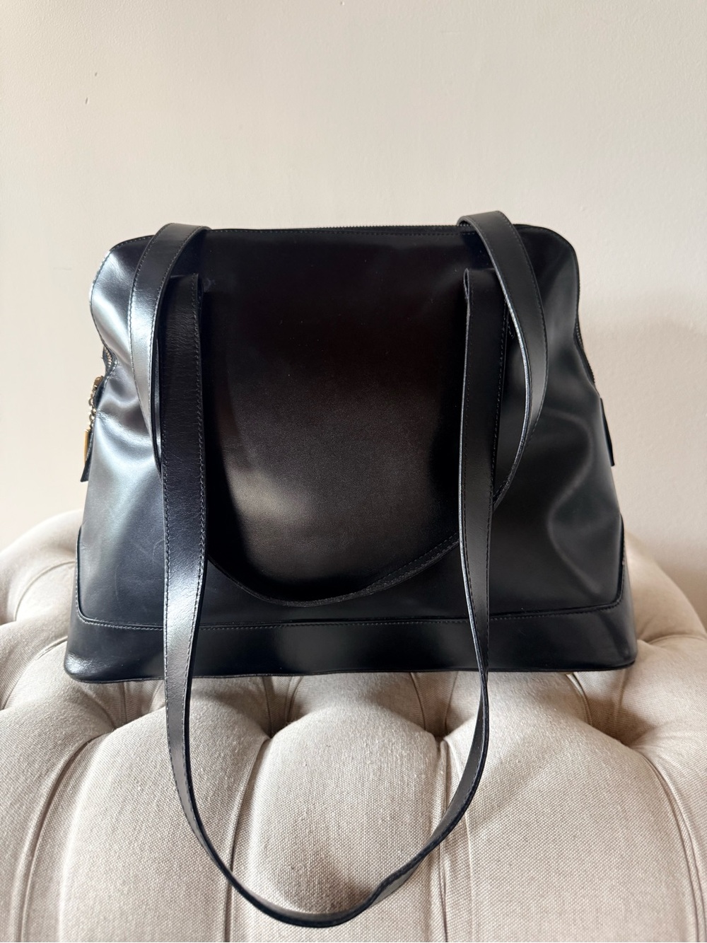 CELINE Rare Vintage Large Black Box Leather Structured Minimalist Satchel
